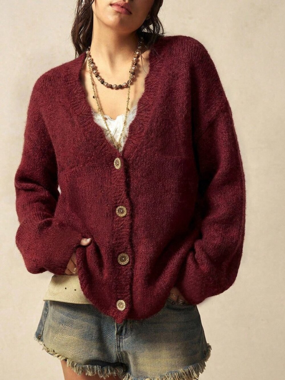 Burgundy Casual Women's Loose Front Button Long Sleeve Knit Cardigan - Picture 6 of 8